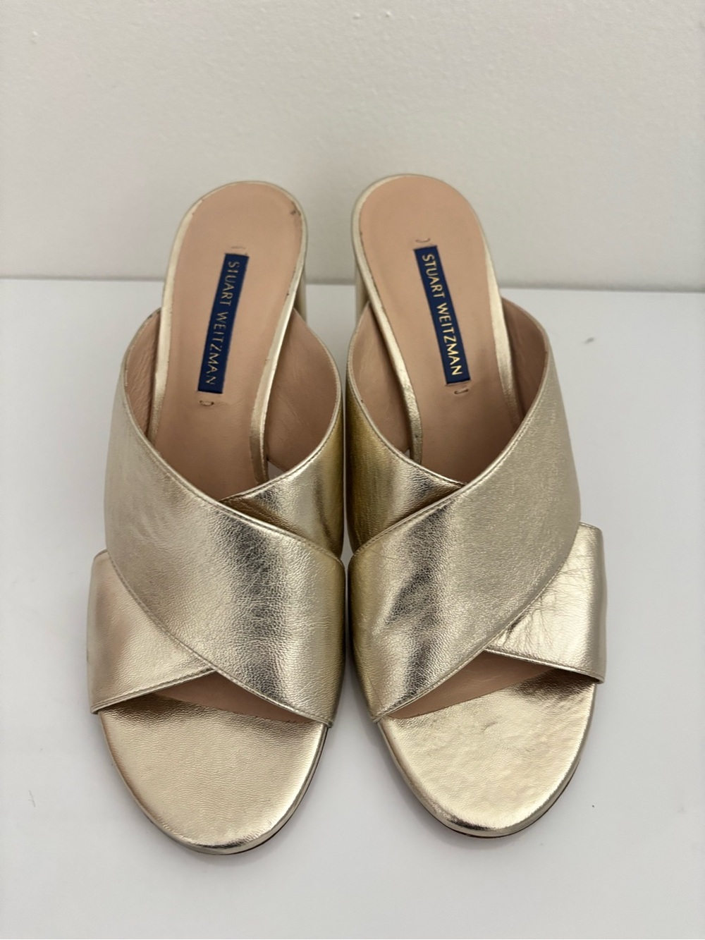 Stuart Weitzman Metallic Gold Crisscross Mule Sandals